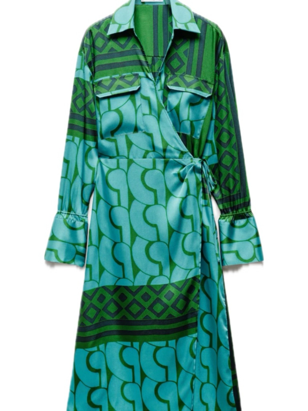 Mango Green and Teal Geometric Wrap Maxi Dress